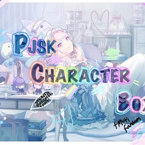 May include: An illustration with the text "PJSK CHARACTER BOXES" in colorful bubble letters. The image features an anime-style character surrounded by various items, including a desk with figurines and gift boxes. The overall color scheme is soft pastel tones.