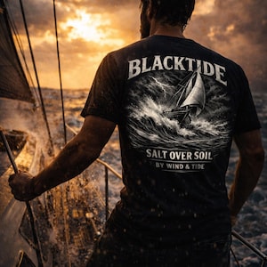 May include: Black t-shirt with the text "BLACKTIDE" and a graphic of a sailboat on the back. The shirt also has the text "SALT OVER SOIL BY WIND & TIDE". The image shows a person on a sailboat at sunset.