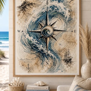 May include: A framed wall art print featuring a watercolor compass rose overlaid on swirling blue ocean waves. The design includes a lighthouse, a sailing ship, an anchor, and the text Sail Over Soil and BLACKTIDE in a neutral color palette.