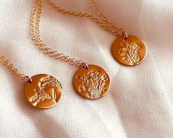 Dainty Birth Flower Necklace for Mom, Hand Stamped Birth Month Disc