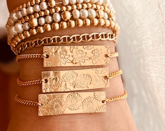 Birth Flower Bar Bracelet: Handmade Sterling Silver, 14K Gold-Filled Bracelet