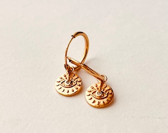 Evil Eye Hoop Earrings, Huggie Earrings, Dainty Evil Eye Jewelry, Lucky Charm Earrings, Gift for Her
