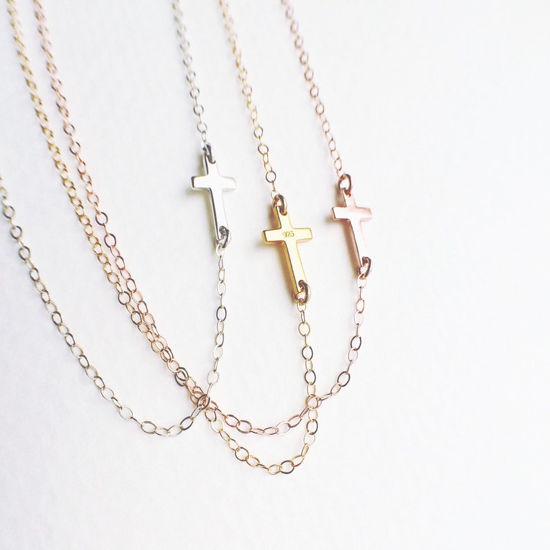 Tiny Sideways Cross Necklace, Gold Cross Necklace, Sterling Silver Cross Necklace, Religious Jewelry, Holiday Gift, Easter Gift Ideas image 2