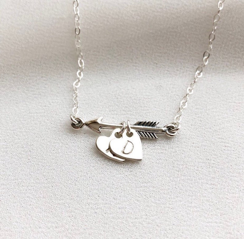 Arrow Necklace, Sterling Silver Arrow Initial Necklace, Heart and Arrow Necklace, Tag Necklace, Personalized Gift, Friendship Jewelry image 1