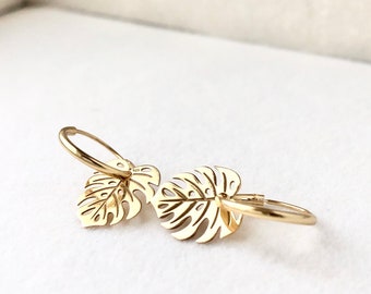 Monstera Leaf Earrings, Tropics Earrings, Hoop Earrings, Gold Dangle Earrings, Monstera Lover, Plant Earrings, Boho Earrings, Teady To Ship