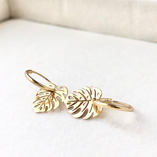 Gold Vermeil Monstera Leaf Hoop Earrings: 925 Sterling Silver