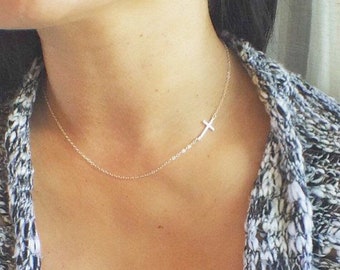 Graduation Gift For Her, Sterling Silver Cross Necklace, Sideways Cross Necklace, Everyday Wear, Cross Choker, Birthday Gift For Her