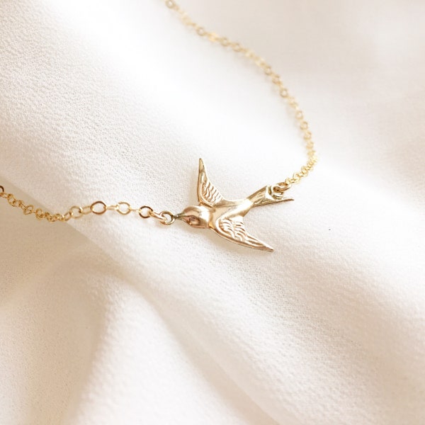 Swallow Bird Necklace, 14k Gold Filled Bird Necklace, Sideways Bird Necklace, Sparrow Bird Necklace, Bird Lover Gifts, Charm Gifts For Her