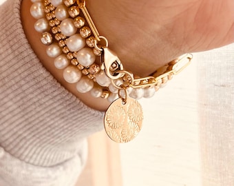 Freshwater Pearl Birth Flower Bracelet, Personalized Flower Disc Bracelet, 14K Gold Filled Jewelry