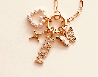Personalized Charm Necklace for Mom, Kids Initial & Birthstone Charm Necklace, Gold Paperclip Chain, Family Story Necklace