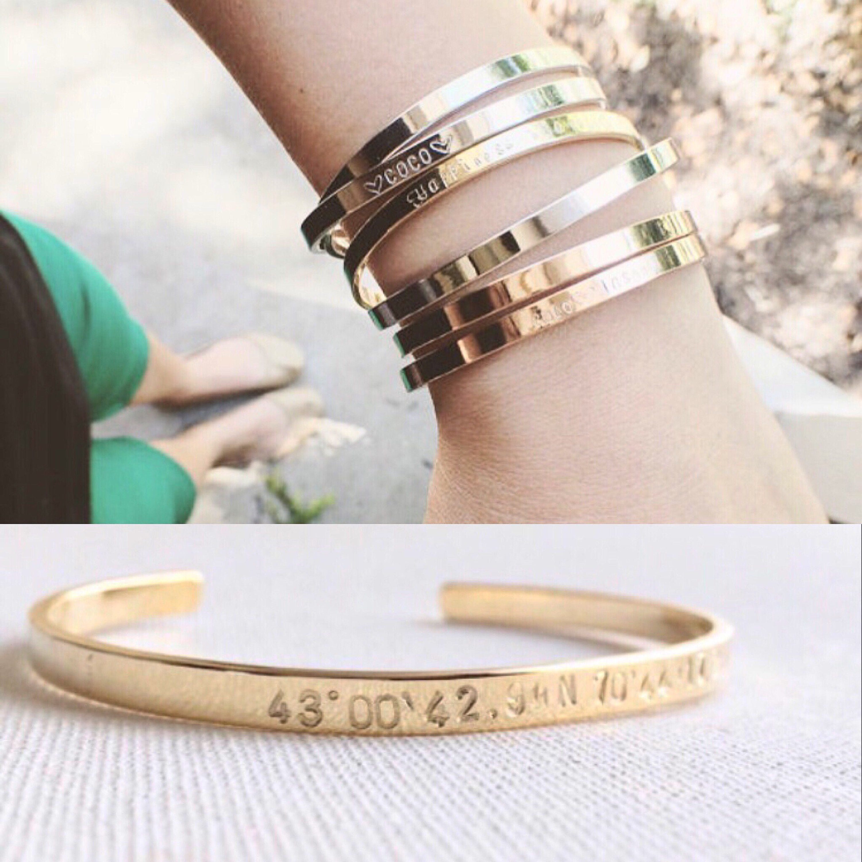 Coordinates Bracelet Custom Compass Coordinates Cuff Etsy