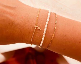 14K Gold Filled Tiny Cross Bracelet, Dainty Layering Bracelet, Waterproof 24/7 Jewelry, Minimalist Gift for Her