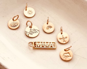Gold Filled Charm: Mountain, Compass, Evil Eye, Mama, Sun, Bear, Rainbow, Compass