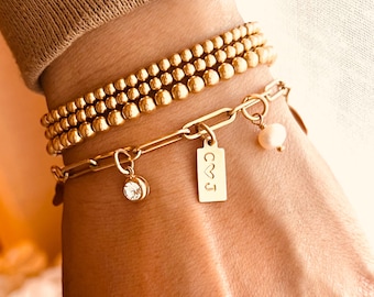 Custom Initial Tag Bracelet, Personalized Paperclip Charm Bracelet, 14K Gold Filled Bracelet, Gift for Wife or Mom