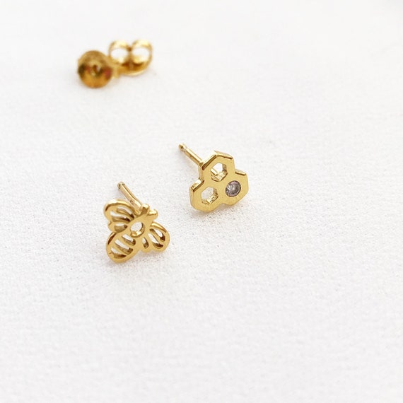 Bee Stud Earrings Bee and Honeycomb 