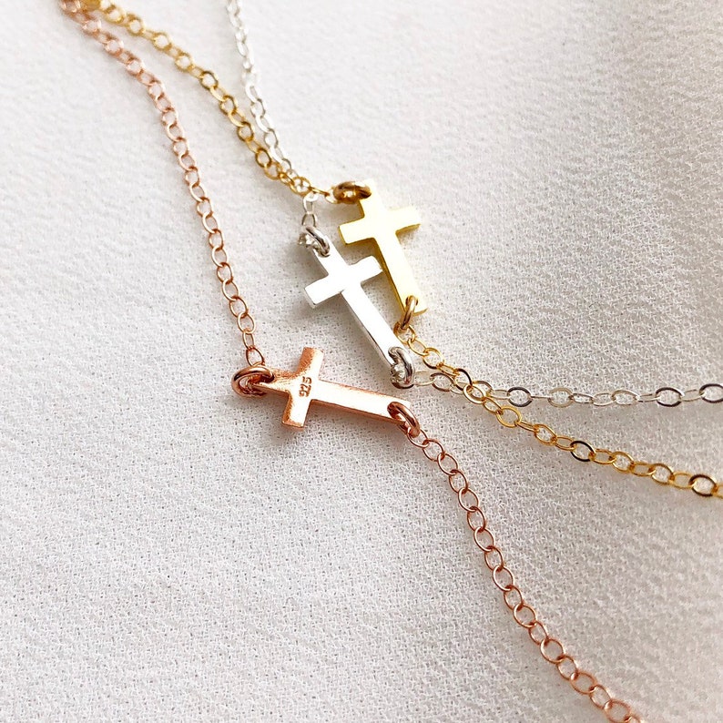 Tiny Sideways Cross Necklace, Gold Cross Necklace, Sterling Silver Cross Necklace, Religious Jewelry, Holiday Gift, Easter Gift Ideas image 7