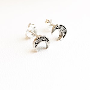 Cubic Zirconia Crescent Moon Stud Earrings: Sterling Silver Celestial Jewelry