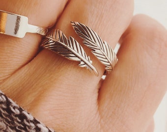 Sterling Silver Feather Wrap Ring: Adjustable  Ring, Christmas Gifts