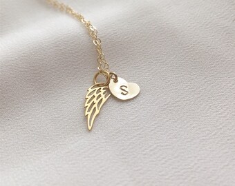 Personalized Angel Wing Necklace, Initial Heart Charm, In Loving Memory Gift, Sympathy Jewelry for Her