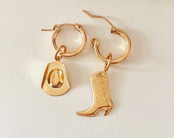 Cowgirl Hoop Earrings, Cowgirl Boot and Hat Earrings, Cowgirl Jewelry, Cowgirl Country Western, Rodeo Cowgirl Jewelry, Ready To Ship