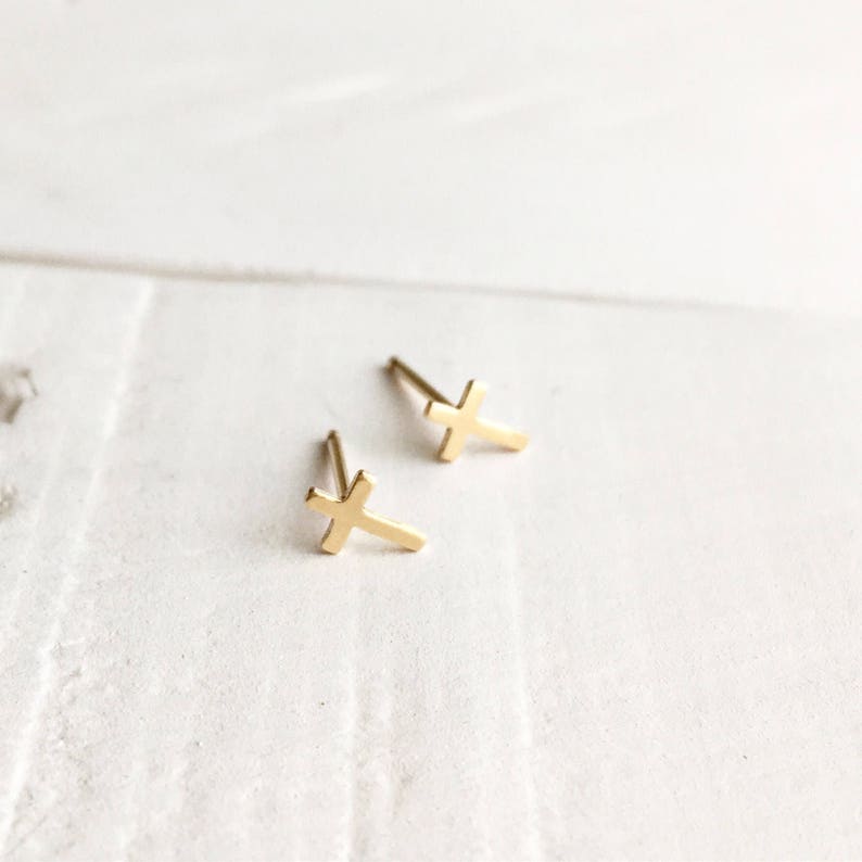 14K Solid Gold Cross Stud Earrings Cross Stud Earring Single Etsy