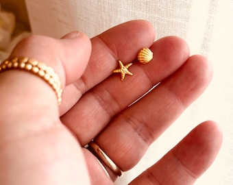 Tiny Starfish Earrings, Seashell Stud Earrings, Gold Vermeil Stud Set, Minimalist Beach Jewelry, Summer Gift