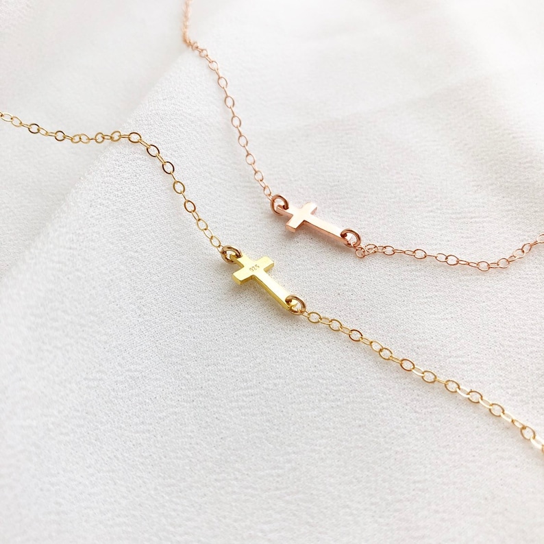 Tiny Sideways Cross Necklace, Gold Cross Necklace, Sterling Silver Cross Necklace, Religious Jewelry, Holiday Gift, Easter Gift Ideas image 4