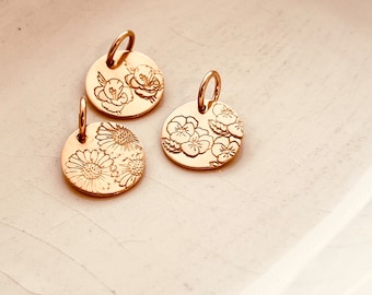 Birth Flower Charm: 13mm Sterling Silver or Gold-Filled Disk
