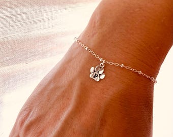 Pet Memorial Paw Print Bracelet, Personalized Pet Initial Bracelet, Dog Lover Gift, Cat Lover Gift, Loss of Pet Sympathy Gift
