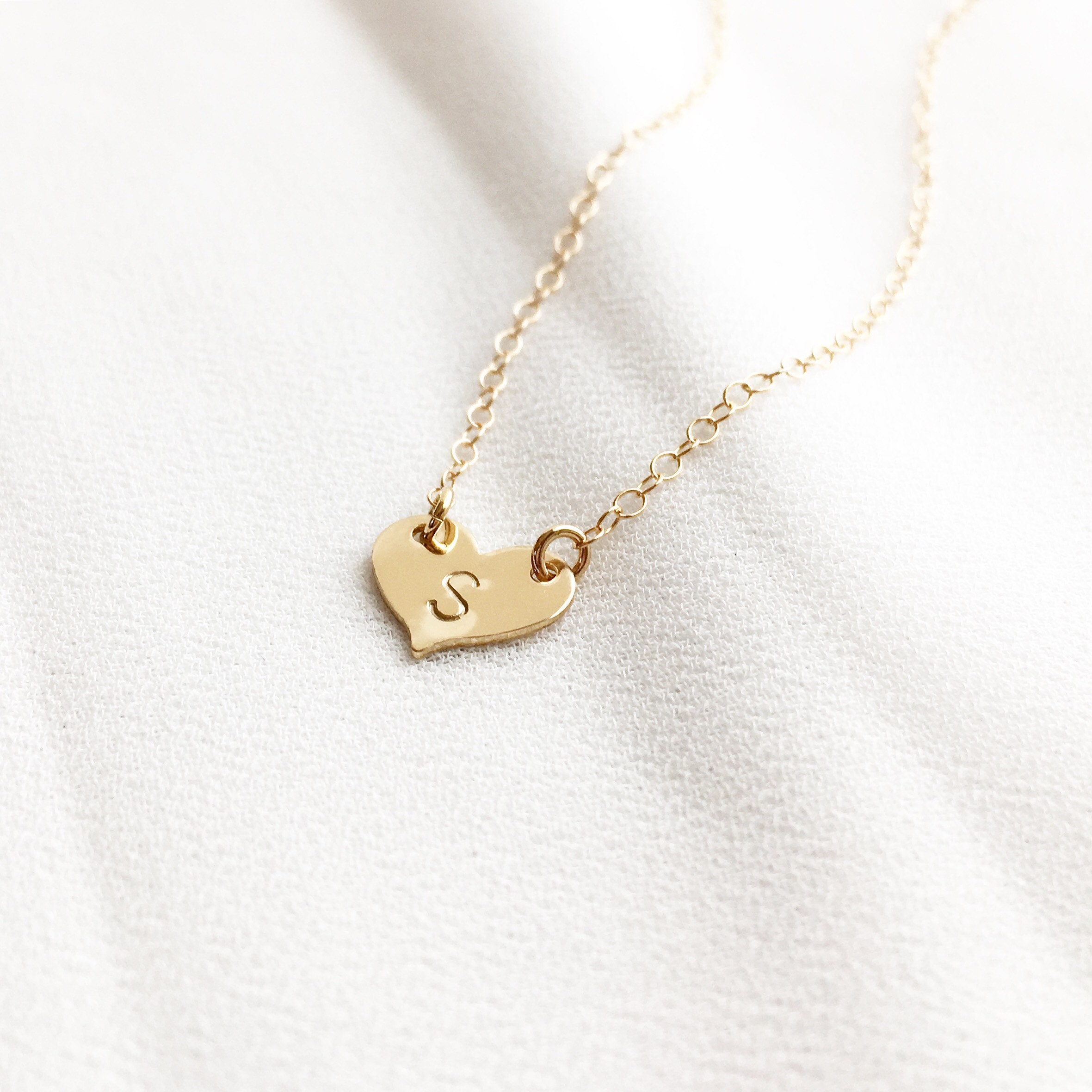 14K Solid Yellow Gold Initial Necklace 14Kt Solid Gold Heart Etsy