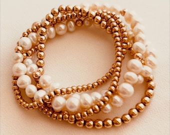 Luxury Pearl Bracelet Stack, Freshwater Pearl & Gold Beaded Layering Bracelets, Elegant Jewelry Set, Designer Gift for Her