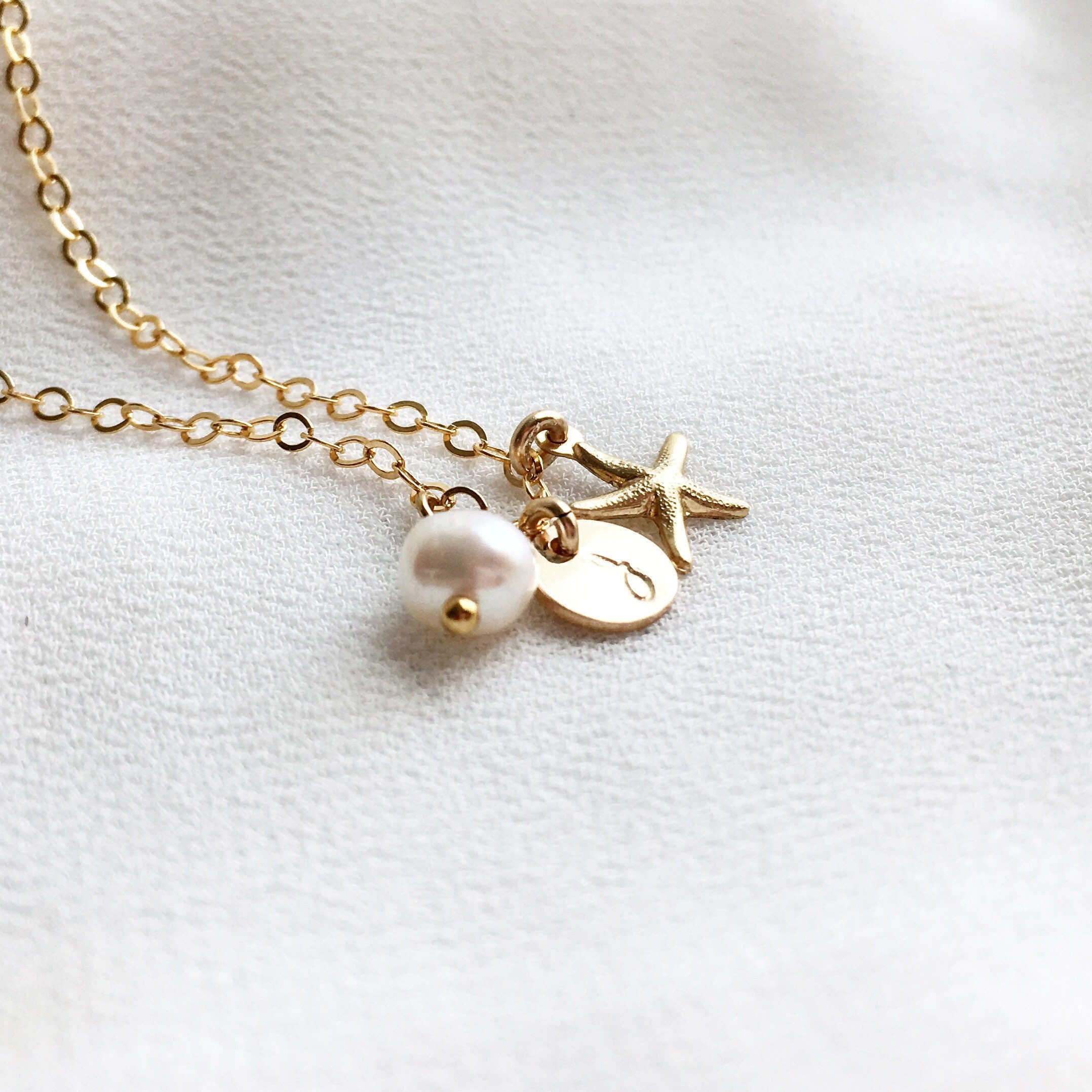 Tiny 14k Gold Filled Starfish Charm With Pearl Necklace Initial
