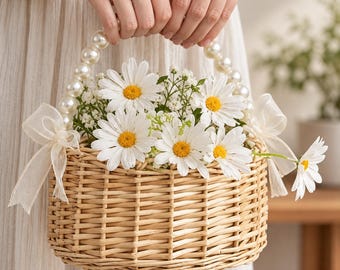 Flower Girl Basket, Pearl Handle Wicker Wedding Petal Basket, Boho Rustic Bridal Decor
