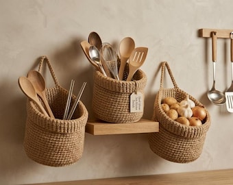 Woven Wall Basket Set, Crochet Kitchen Storage, Boho Farmhouse Decor