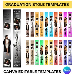May include: A collection of graduation stole templates featuring various colour gradients, placeholders for school names, student names, and photos. Each vertical design includes the text Congratulations, Senior 2026, and a graduation cap icon.