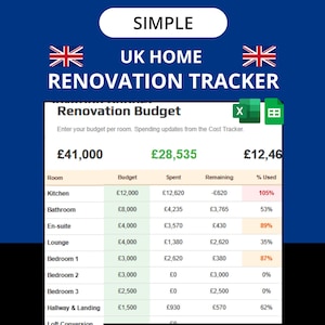 Semplice foglio di calcolo per il budget di ristrutturazione della casa nel Regno Unito / strumento di monitoraggio dei costi / Google Sheets Excel