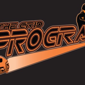 Könnte beinhalten: Orange-schwarzes Grafikdesign mit dem Text "The Grid Program" und einem futuristischen Auto, das vom Betrachter wegfährt.