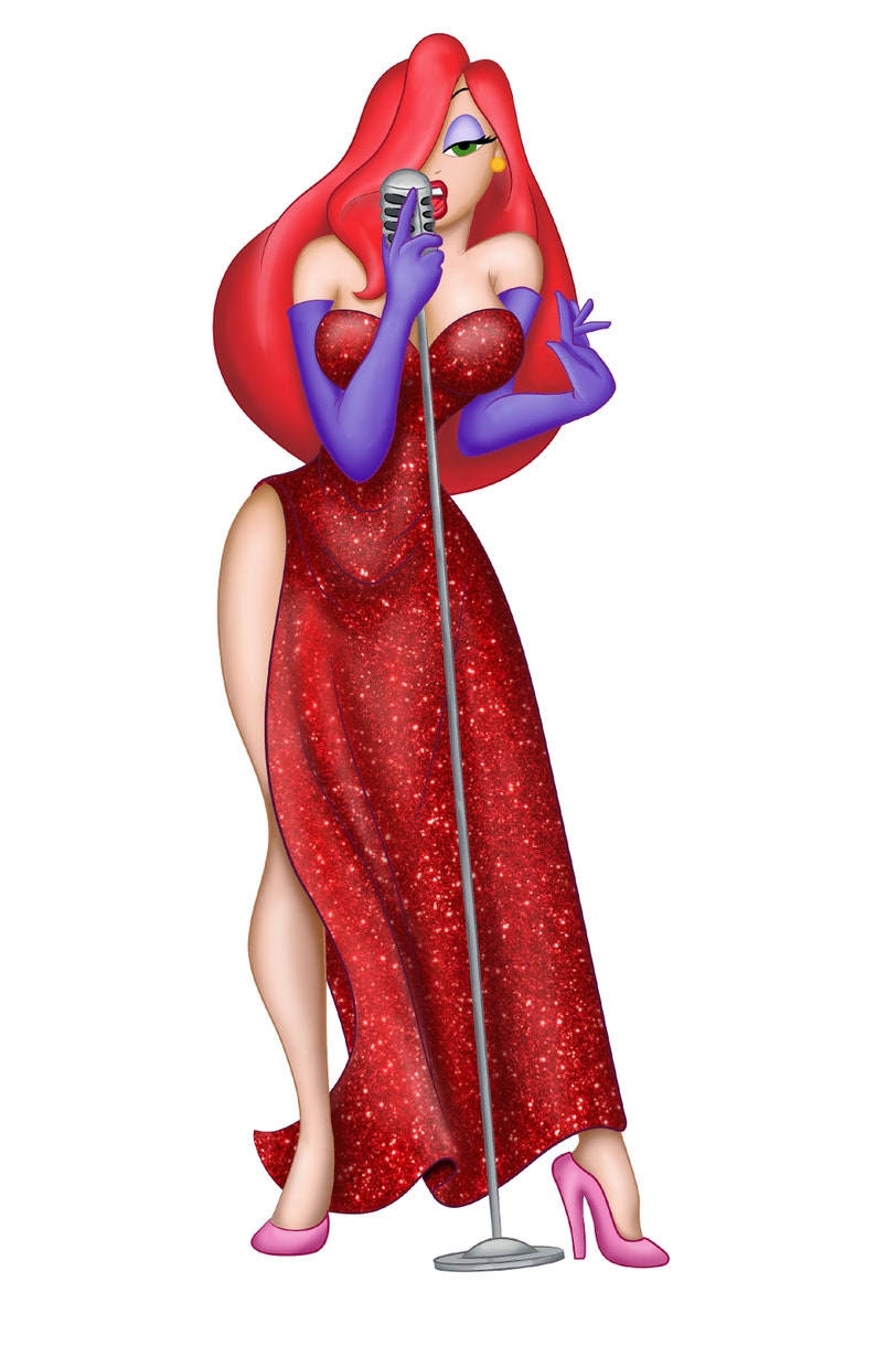 Puede incluir: Un vestido rojo de lentejuelas con un escote pronunciado y una abertura en el muslo. El vestido lo lleva un personaje de dibujos animados con el pelo rojo y guantes morados. El personaje sostiene un micr&oacute;fono y canta.