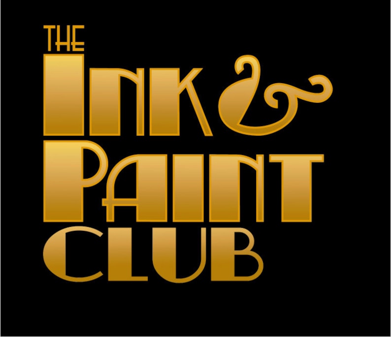 Puede incluir: Letras doradas sobre un fondo negro que dicen "The Ink & Paint Club".