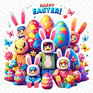 May include: A colorful digital illustration with the text "HAPPY EASTER!" features Easter eggs and figures dressed in bunny costumes. Butterflies and flowers add to the festive spring theme. The image is bright and cheerful.