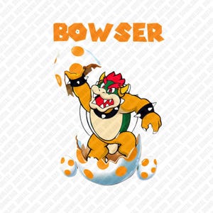 Puede incluir: Una ilustración de dibujos animados de Bowser, un personaje de la serie de videojuegos Super Mario, saliendo de un huevo agrietado. La imagen presenta a Bowser en sus colores naranja y verde característicos, con la palabra "BOWSER" en letras naranjas.
