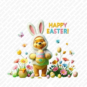 Op de afbeelding: Een cartoon illustratie met een gele beer in een wit konijnenkostuum, met een versierd paasei. De afbeelding bevat de tekst "HAPPY EASTER!" met kleurrijke bloemen, vlinders en paaseieren.