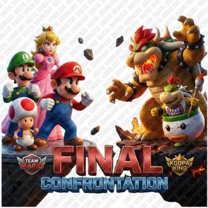 Puede incluir: Ilustración digital con personajes de la serie de videojuegos Mario. Mario, Luigi, la Princesa Peach y Toad se enfrentan a Bowser y Bowser Jr. La imagen incluye el texto "FINAL CONFRONTATION".