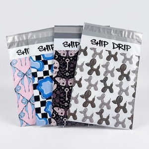 May include: Four rectangular poly mailer shipping bags with adhesive strips. Designs include light blue bows on pink, blue blobs on a black and white checkerboard, white skulls, keys, and moths on black, and grey balloon dogs on a white background.