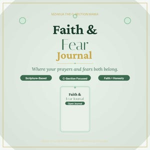 Puede incluir: Un diario digital titulado "Faith & Fear Journal" con el texto "Where your prayers and fears both belong." El diario está basado en las Escrituras, centrado en la cesárea y enfatiza la fe y la honestidad. La imagen también incluye el texto "MZAKUA THE C-SECTION MAMA."
