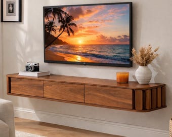 Walnut Floating TV Stand: Modern Wall-Mounted Media Console with Drawer Storage