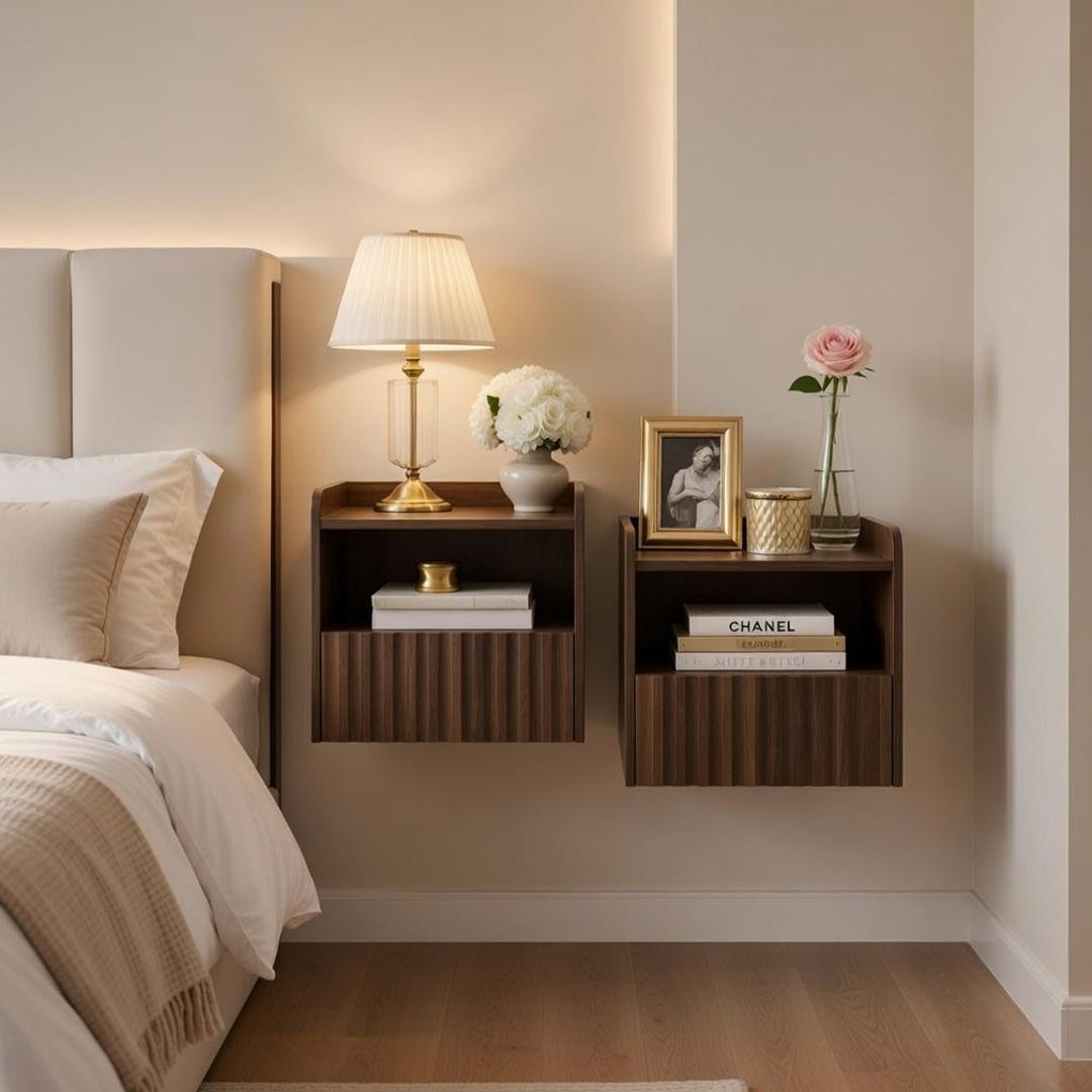 Solid Oak Floating Nightstand With Drawer, Modern Rustic Bedside Table ...