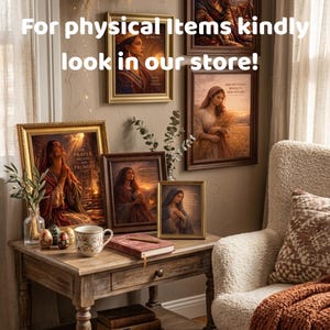 Op de afbeelding: Een gezellig interieur met ingelijste religieuze kunstprints op een houten bijzettafel. De prints tonen vrouwen in verschillende scènes. De tekst "Instant Download!! For physical Items kindly look in our store!" is zichtbaar.