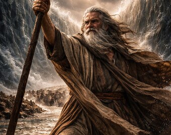 Moses Parting the Red Sea Wall Art | Biblical Canvas Print | Christian Wall Decor | Exodus Bible Poster | Faith Artwork | Religious Gift