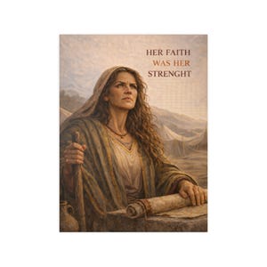 Op de afbeelding: Een artistieke print met een vrouw in oude kleding, die een staf en een rol vasthoudt. De afbeelding is in sepia tinten, met de tekst "HER FAITH WAS HER STRENGHT" bovenaan. De vrouw kijkt omhoog met een vastberaden uitdrukking.